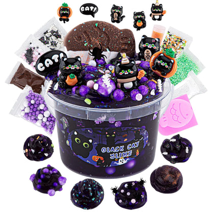 Spooky Black Cat Slime (300 ml) — Dark Purple Clear + Clay with 9 Mix-Ins