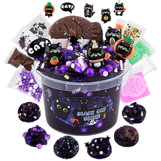 Spooky Black Cat Slime (300 ml) — Dark Purple Clear + Clay with 9 Mix-Ins
