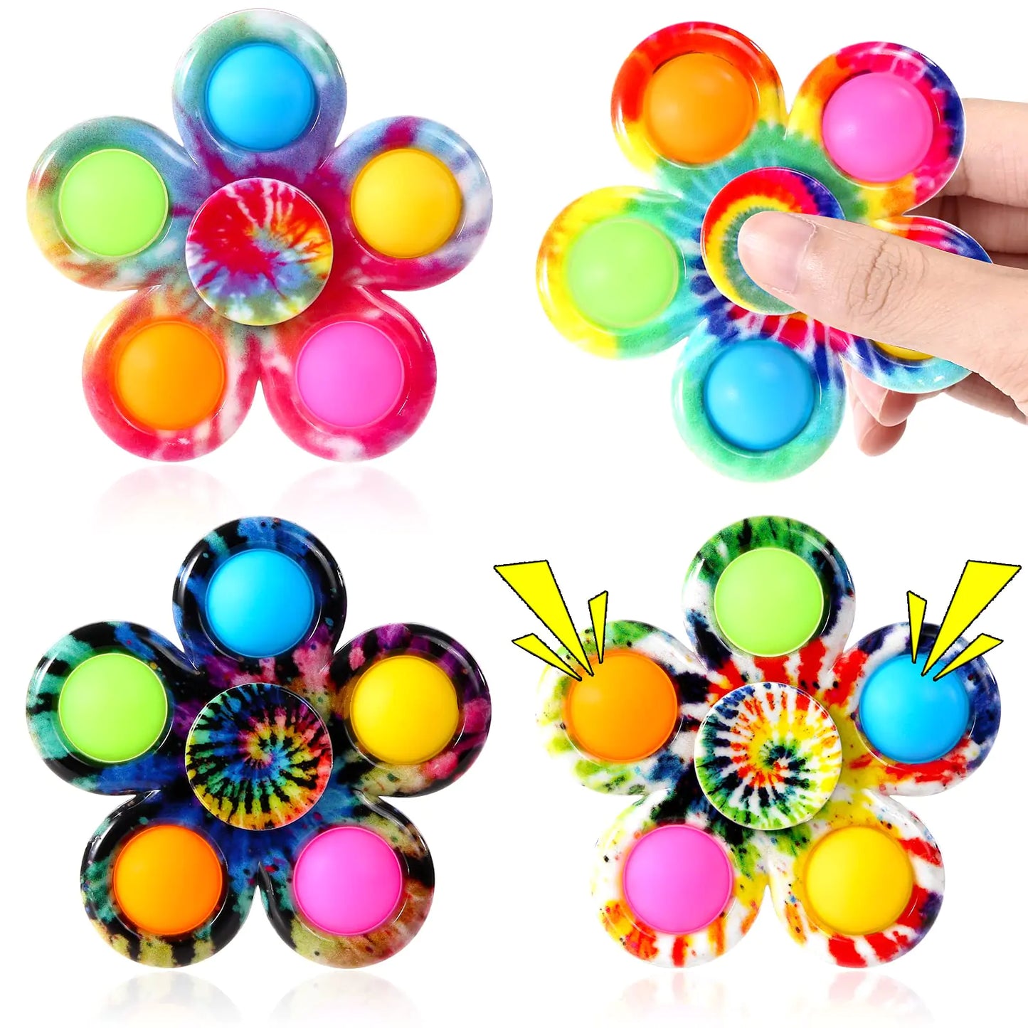 Flower Pop Fidget Spinners — 4-Pack (Rainbow Tie-Dye)